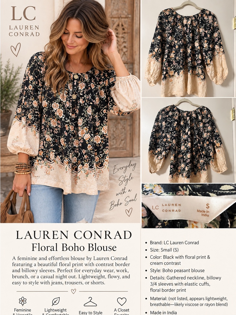 LC Lauren Conrad Floral Boho Peasant Blouse Size Small Black Cream